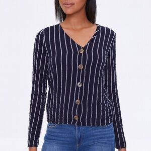 Urban Romantics Linen Navy Striped V Neck Button Down Top NWT Small